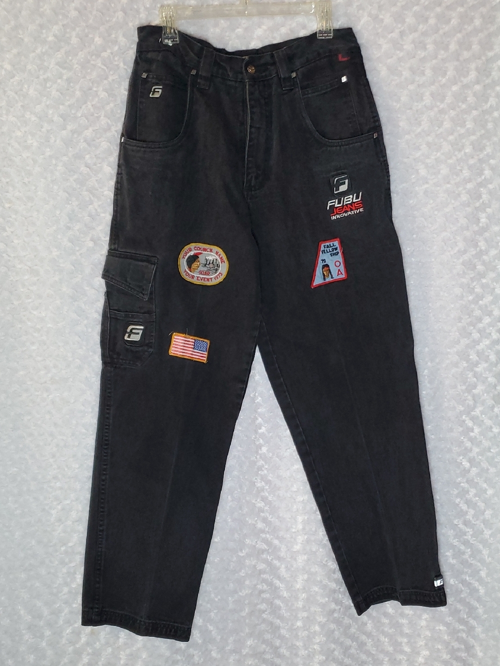 FUBU Men’s Black Jeans with Patchwork & Cargo Details 33 x 34